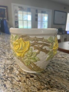 Hand Crafted Yellow Rose Ceramic Planter with Green Leaves
